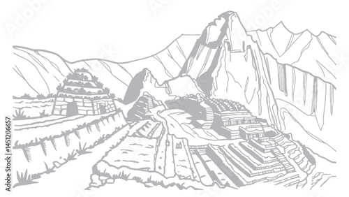 Machu Picchu Ancient Inca Citadel in the Andes Mountains Hand-drawn Illustration