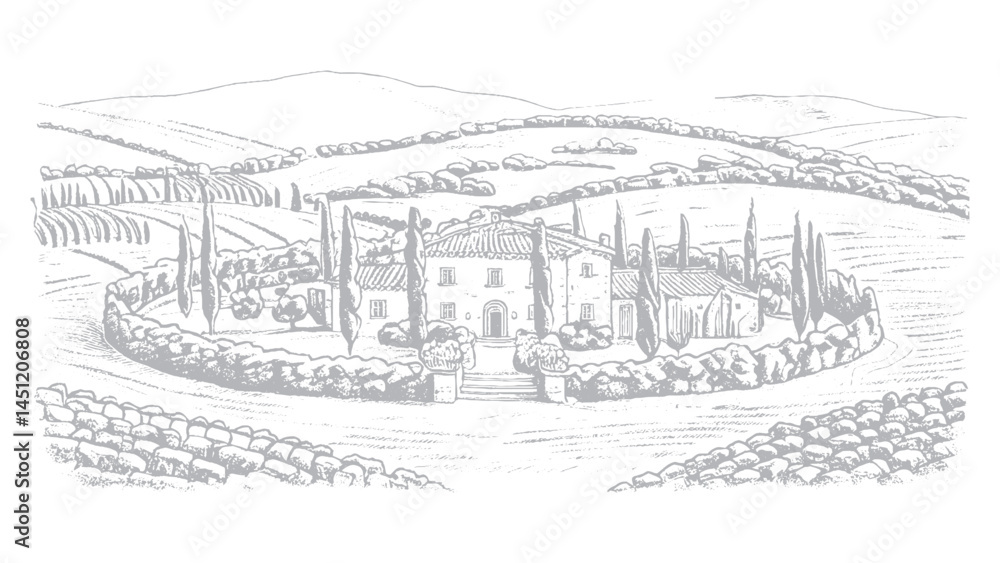 Fototapeta premium Elegant Tuscan Villa in a Picturesque Landscape Hand-drawn