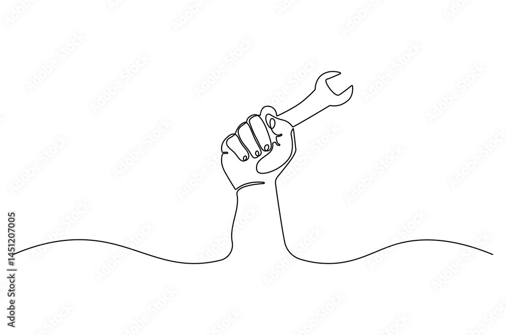 Continuous one line drawing of Hand holding wrench. Single line drawing illustration of Holds a wrench. Tools for car repair concept vector art. Doodle line illustration. Continuous one line drawing of Hand holding wrench. Single line drawing illustration of Holds a wrench. Tools for car repair concept vector art. Doodle line illustration.