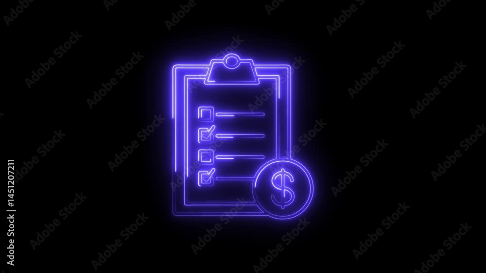 Neon checklist dollar sign animation on black background for financial audit tasks Neon checklist dollar sign animation on black background for financial audit tasks