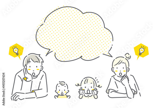 驚く若い四人家族　シンプルでお洒落な線画イラスト