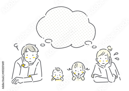 不安を抱える若い四人家族　シンプルでお洒落な線画イラスト