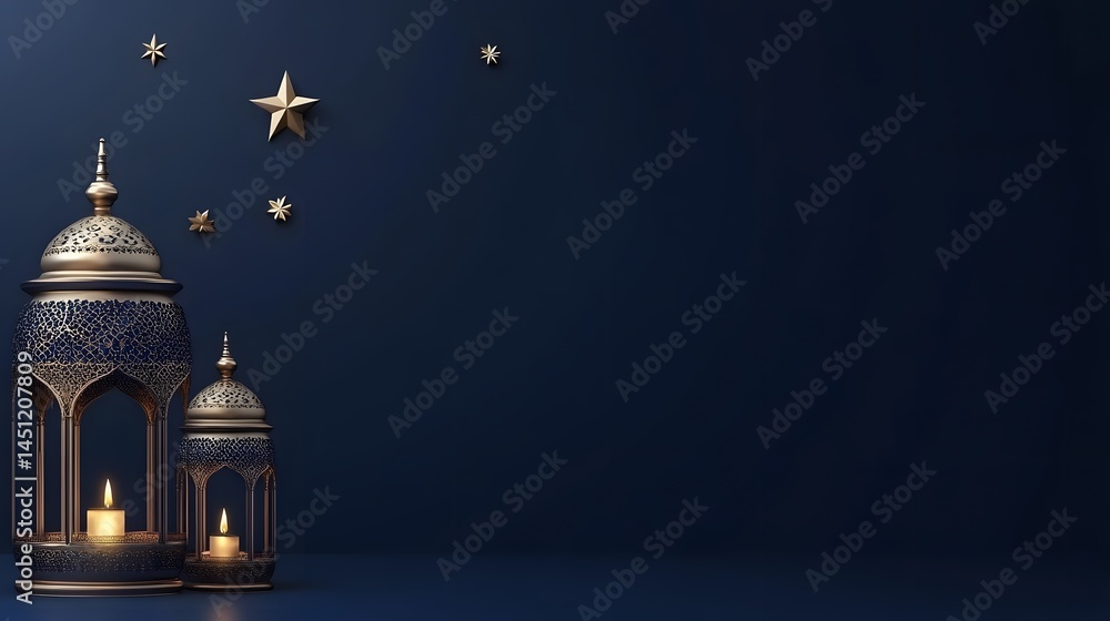 Fototapeta premium Elegant Ramadan Lanterns with Candles and Stars Festive Islamic Background
