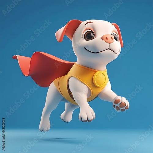 Playful cartoon dog in a superhero cape leaps joyfully against a vibrant blue background