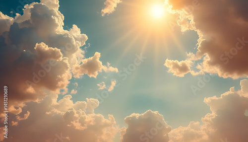 Bright Sunlight Shining Through Fluffy Clouds In A Clear Blue Sky