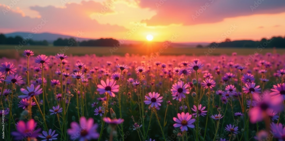 Obraz premium Vibrant pink and violet wildflowers carpet a field at sunset, creating a stunning countryside backdrop , idyllic, sky, colours
