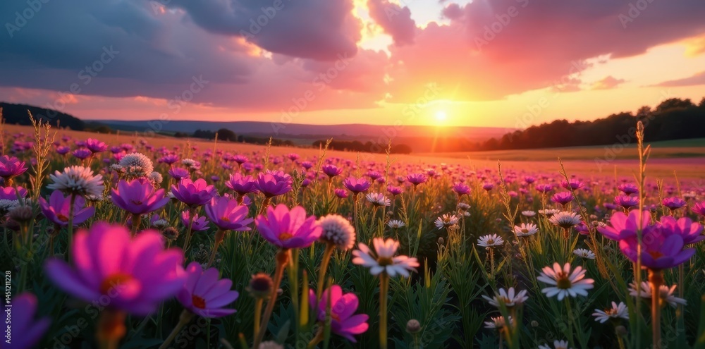 Vibrant pink and violet wildflowers carpet a field at sunset, creating a stunning countryside backdrop , pink, blossom Vibrant pink and violet wildflowers carpet a field at sunset, creating a stunning countryside backdrop , pink, blossom