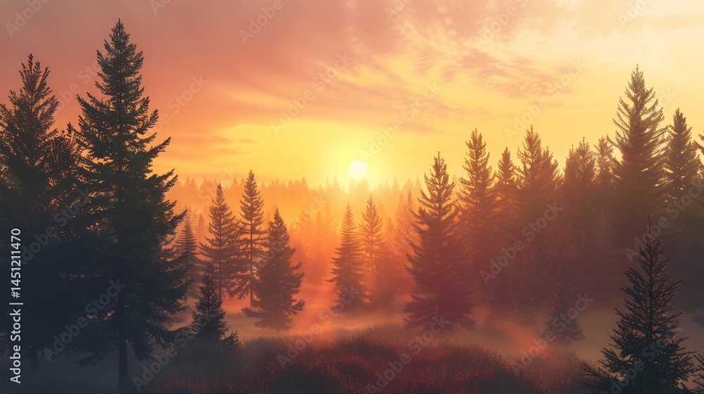 Sunrise behind forest of pine trees side view realistic Sunrise behind forest of pine trees side view realistic