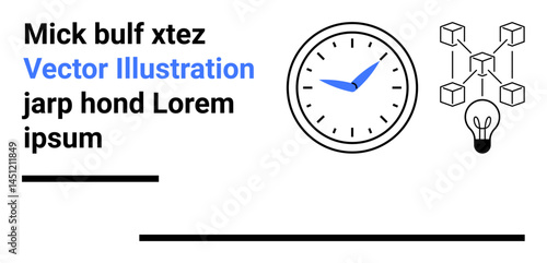 Analog clock with blue hands, blockchain diagram, and light bulb combined with text elements. Ideal for business, technology, innovation, time management, creativity, blockchain simple landing page