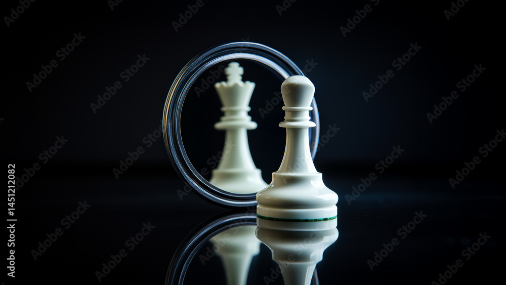 A single pawn stands before a mirror, but its reflection reveals a queen. It is a symbol of hidden potential, self worth, and the power of believing in who you truly are. A single pawn stands before a mirror, but its reflection reveals a queen. It is a symbol of hidden potential, self worth, and the power of believing in who you truly are.