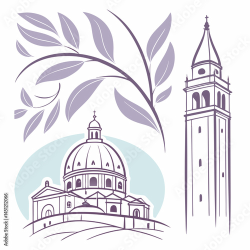 Venice Landmarks Stylized Illustration Featuring Cathedral Church Tower And Olive Branch