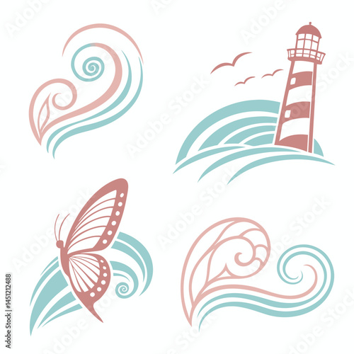 Graphic Vector Set With Lighthouse Butterfly Waves In Pastel Color Tones