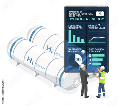engineers analyzing infographic on hydrogen energy efficiency and fossil fuel reduction near hydrogen storage tanks