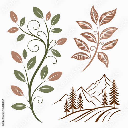 Minimalist Design Featuring A Vine With Berries And Mountain Landscapes In Olive Green