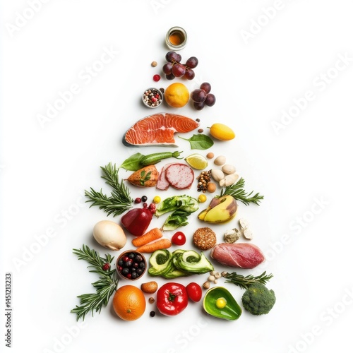Colorful food items arranged in christmas tree shape