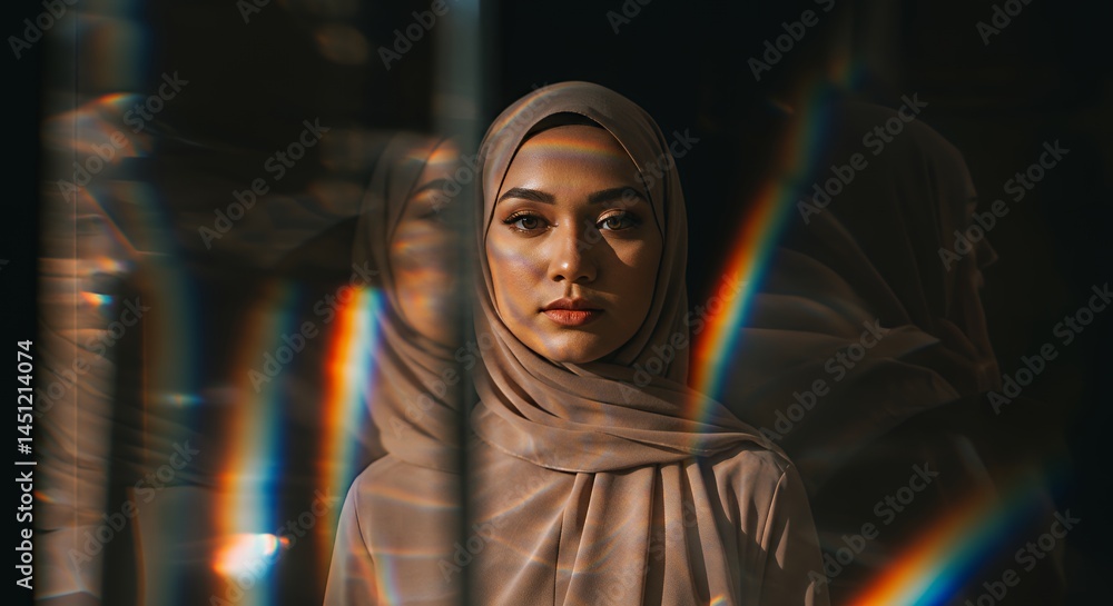 Reflective Portrait: A Woman's Serene Gaze Through Prismatic Light Reflective Portrait: A Woman's Serene Gaze Through Prismatic Light