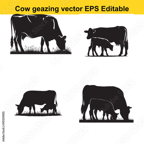 Silhouette Collection of Cows Grazing in a Field