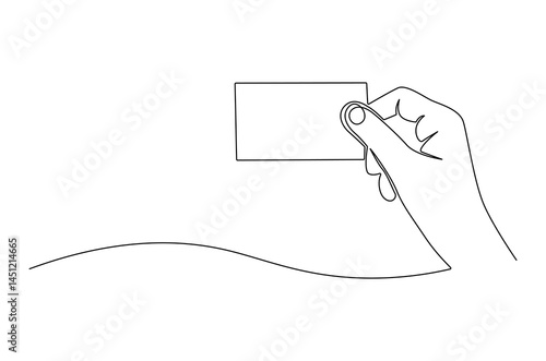 Continuous one line drawing of Hand holding card. Single line drawing illustration of Hand holds credit card or debit ca. Blank card concept vector art. Doodle line illustration.