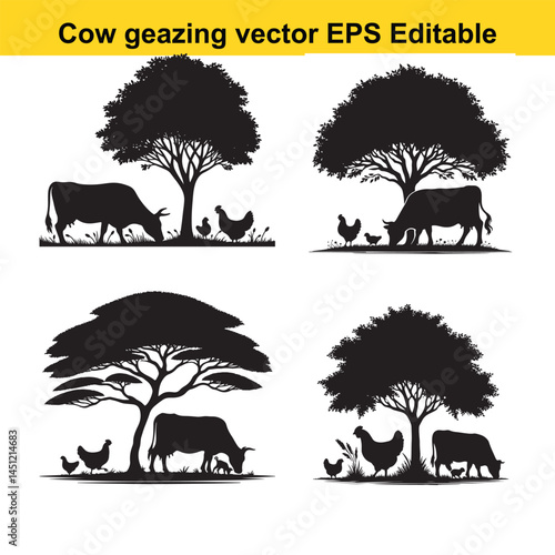 Silhouette Set Cows Grazing Under Trees with Chickens