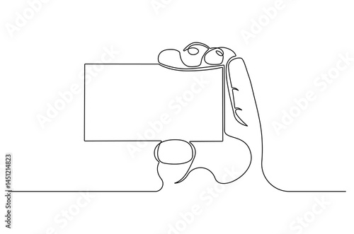Continuous one line drawing of Hand holding card. Single line drawing illustration of Hand holds credit card or debit ca. Blank card concept vector art. Doodle line illustration.
