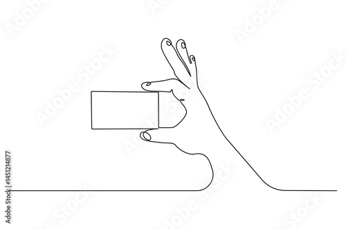 Continuous one line drawing of Hand holding card. Single line drawing illustration of Hand holds credit card or debit ca. Blank card concept vector art. Doodle line illustration.