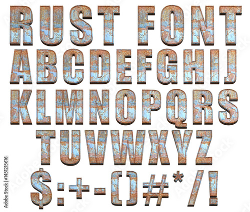 rust font with uppercase alphabet letters and signs 