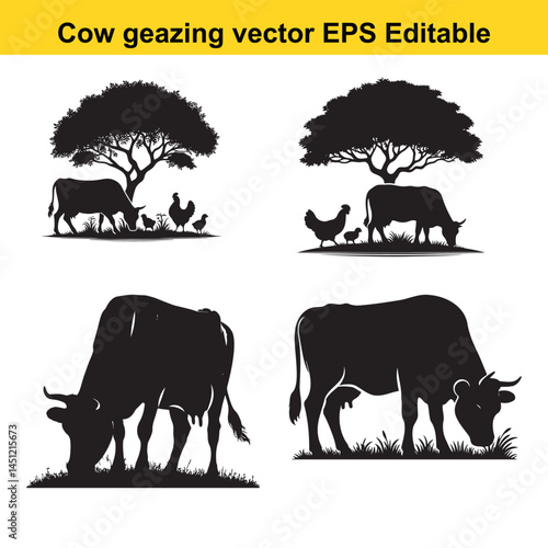 Silhouette Set of Cows Grazing in a Pasture with Chickens and Trees