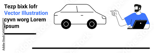Man gestures towards a car while holding a laptop, styled in modern flat art. Ideal for technology, automotive, communication, presentation, interface, teamwork, flat landing page banner