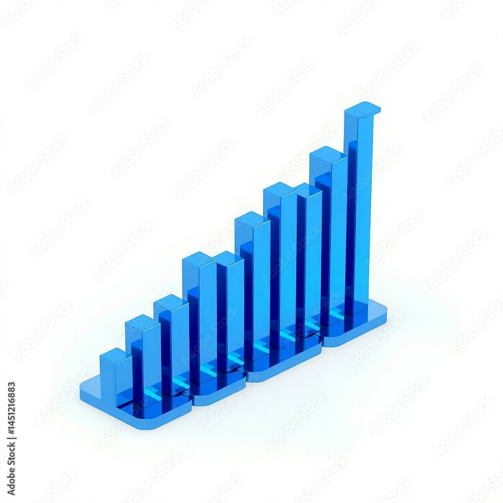 3D Metallic Bar Chart with Upward Trend Arrow on Blue Background 3D Metallic Bar Chart with Upward Trend Arrow on Blue Background