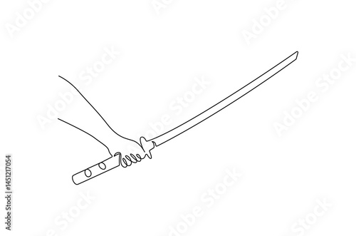 Continuous one line drawing of Hand holding sword. Single line drawing illustration of Holds a sword. Sword concept vector art. Doodle line illustration.