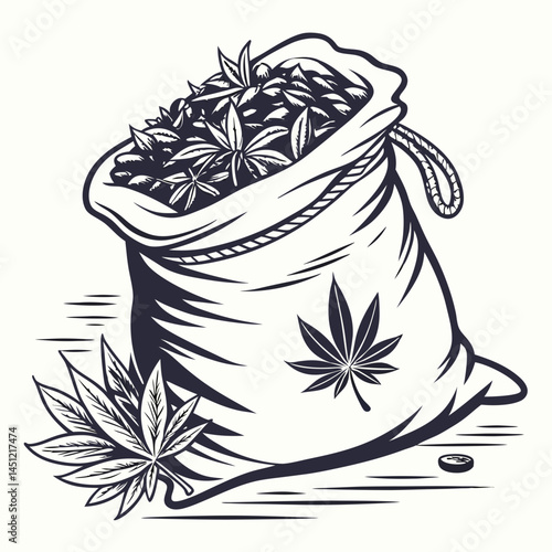Vintage Bag Of Marijuana Leaves Black And White Monochrome Concept Isolated