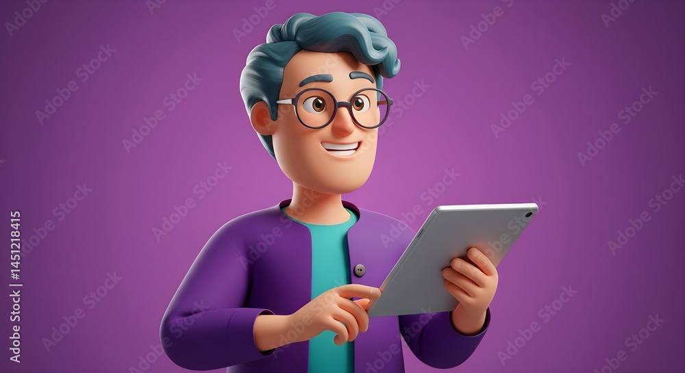 3D Cartoon Young Man with Tablet and Friendly Smile 3D Cartoon Young Man with Tablet and Friendly Smile
