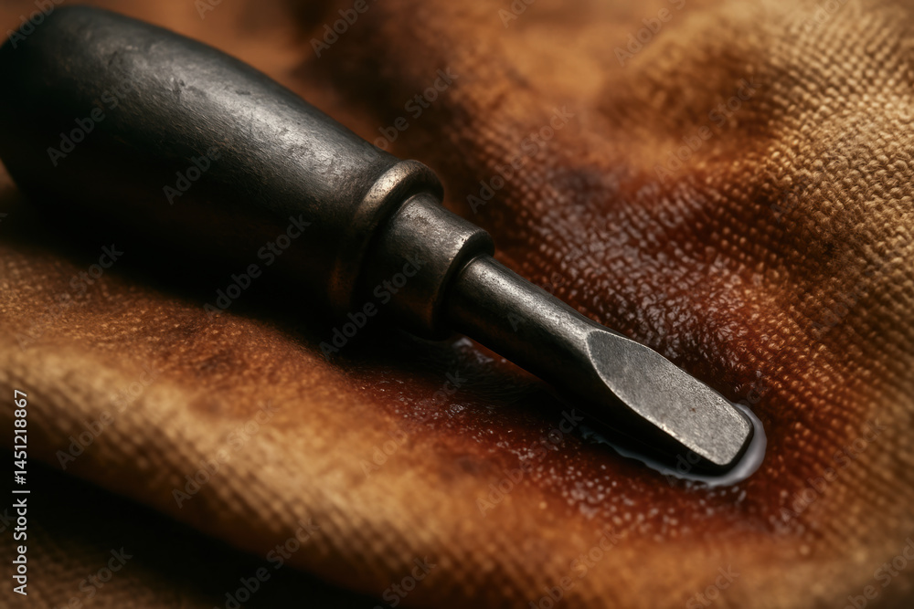 Naklejka premium Woodwork tool with metal tip resting on textured fabric in workshop setting
