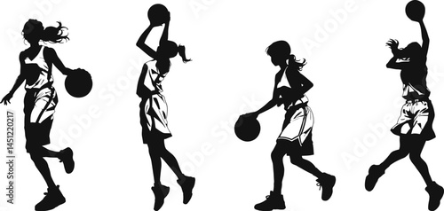Silhouettes of female basketball players in dynamic action poses, showcasing athleticism and movement