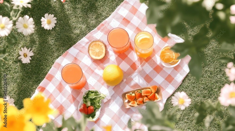 Colorful picnic with juices and fruits on a checkered blanket amidst flowers. Fresh drinks, citrus fruits, and salad arranged for a relaxing outdoor meal Colorful picnic with juices and fruits on a checkered blanket amidst flowers. Fresh drinks, citrus fruits, and salad arranged for a relaxing outdoor meal