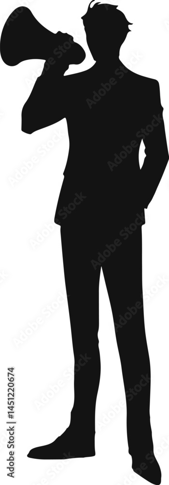 Fototapeta premium Silhouette of a person in a suit holding a megaphone, symbolizing communication, leadership, and influence