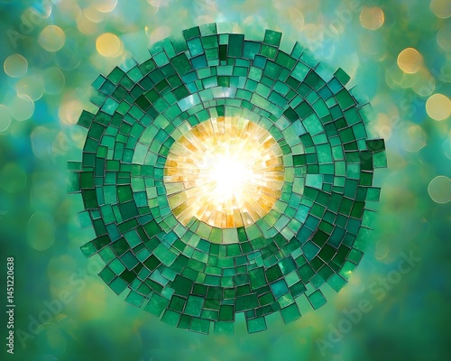 Sun shaped shimmering emerald mosaic tessellate design brings radiant luxury to home decor jewelry showcases
