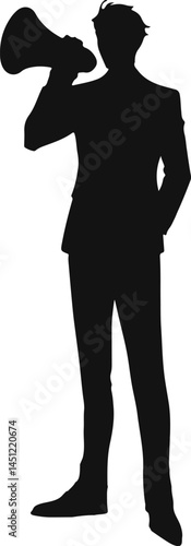 Silhouette of a person in a suit holding a megaphone, symbolizing communication, leadership, and influence