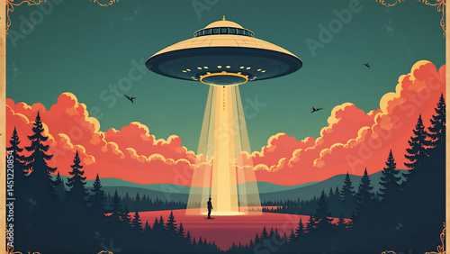 A vintage-style poster depicting a UFO sighting, reminiscent of classic science fiction movies.