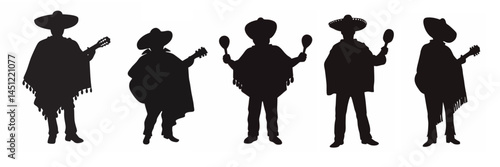 Silhouettes of man in mexican poncho playing macaras, guitar. Concept of Cinco de Mayo, Mexican festive holiday