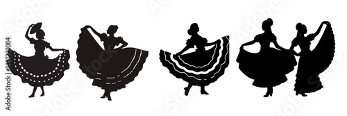 Silhouette set of woman in traditional Mexican dress dancing. Concept of Cinco de Mayo, holiday, National Day