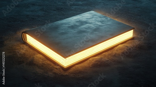 A book, dark gray cover, glows with inner light, rests on sandy surface, creating a mystical atmosphere
