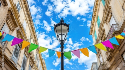 Colorful street decorations hang between buildings under a vibrant blue sky, with a street lamp in the center