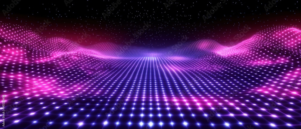 Futuristic neon grid matrix with glowing data particles flowing in deep space, demonstrating advanced artificial intelligence technology and digital transformation concept. Futuristic neon grid matrix with glowing data particles flowing in deep space, demonstrating advanced artificial intelligence technology and digital transformation concept.