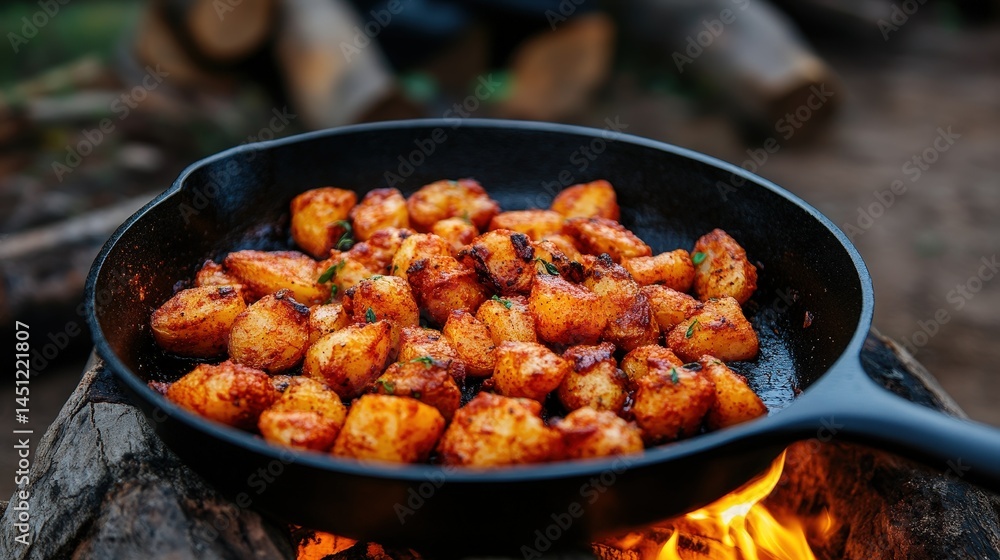 Golden roasted potatoes cooking in a cast iron skillet over an open campfire outdoors. Golden roasted potatoes cooking in a cast iron skillet over an open campfire outdoors.