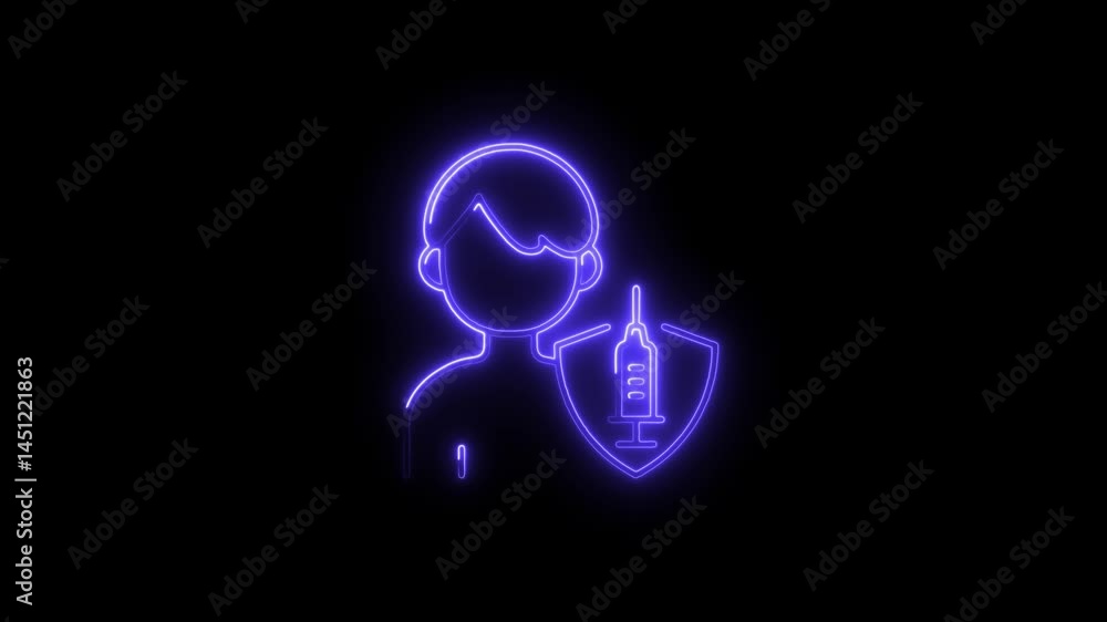 Neon animation of vaccination protection shield and person illustration on dark background medical preventative healthcare technology safety science Neon animation of vaccination protection shield and person illustration on dark background medical preventative healthcare technology safety science