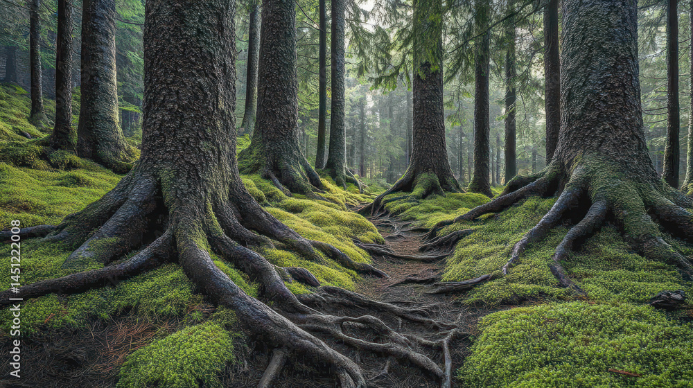 Fototapeta premium Lush green forest with large tree roots and vibrant moss cove the ground, peaceful natural woodland landscape with tall trees and abundant foliage