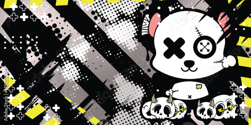 Graffiti abstract background with panda doll and cartoon skull objects