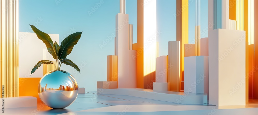 3D abstract architecture with chrome metallic design representing futuristic city landscape and urban development
3D abstract architecture with chrome metallic design representing futuristic city landscape and urban development