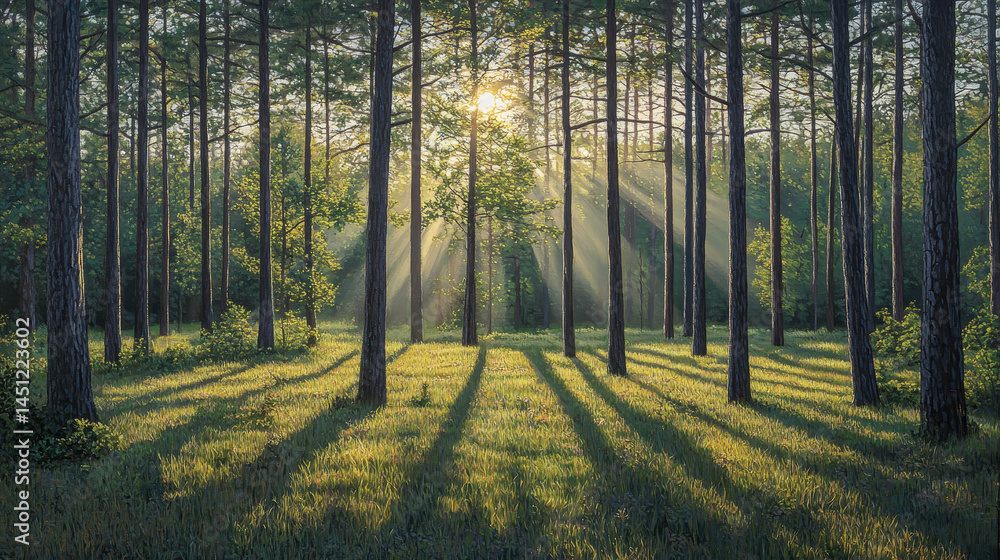 Obraz premium Serene forest landscape with tall trees illuminated by sunlight streaming through the branches du sunrise, casting long shadows on lush green grass and creating a peaceful natural scene